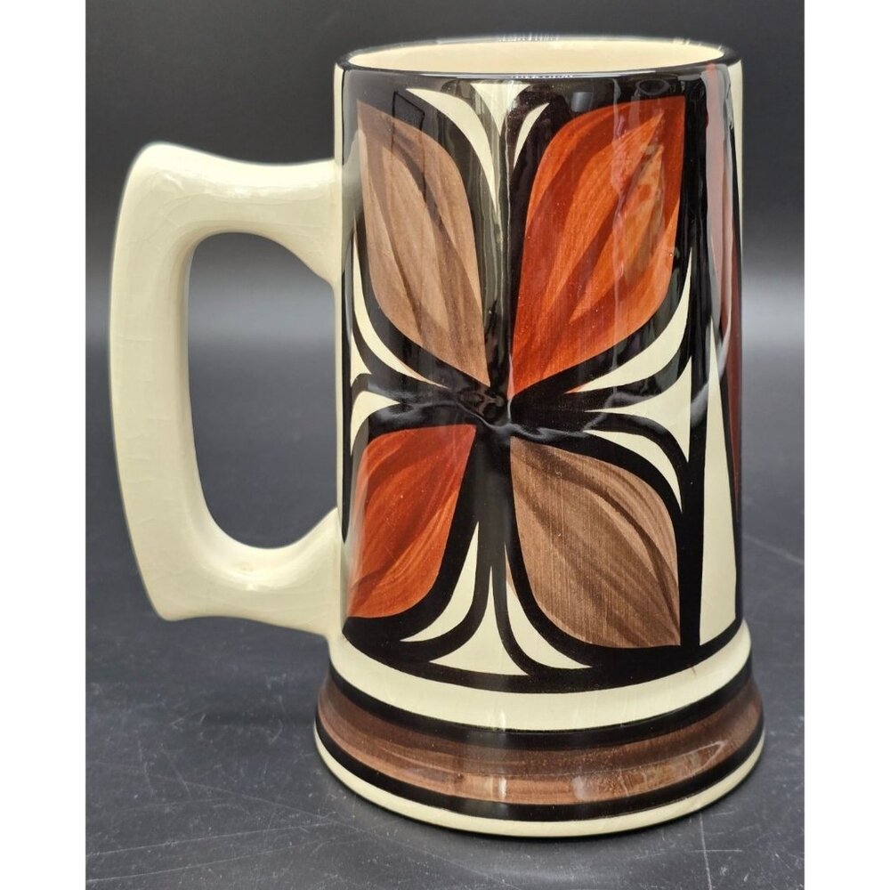 Vintage Hawaii Pottery Stein Mug Hand-Painted Brown & Cream Floral Design VL4007 - Picture 3 of 6